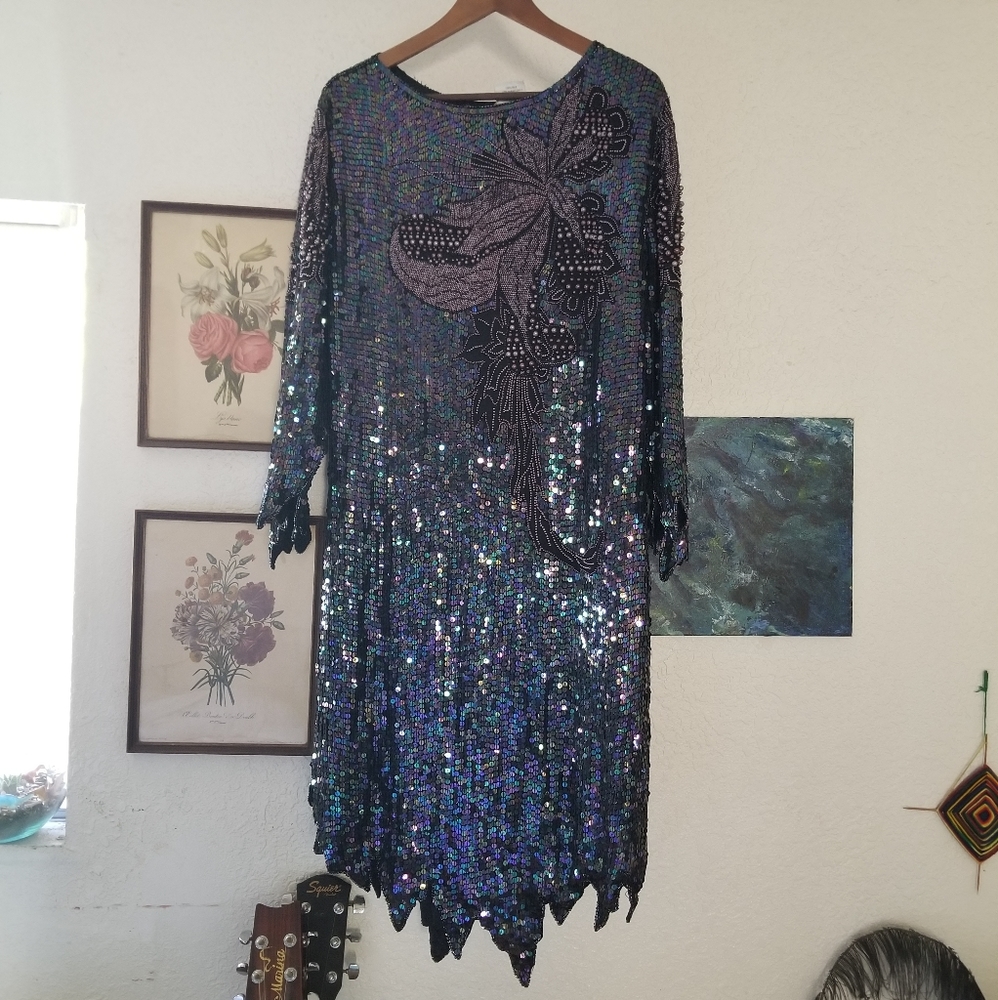 Vintage handwoven sequined/beaded silk shift dress